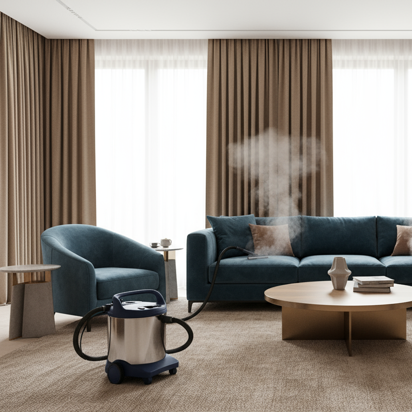 Pulizia e Sanificazione Divani&Poltrone a Vapore vorrei una foto che illustra un divano blu petrolio e una poltrona il resto della stanza beije o marrone come tappeto - tenda ecc senza illustare persone ma che si vedino gli strumenti a vapore  luogo moderno e elegaNTE