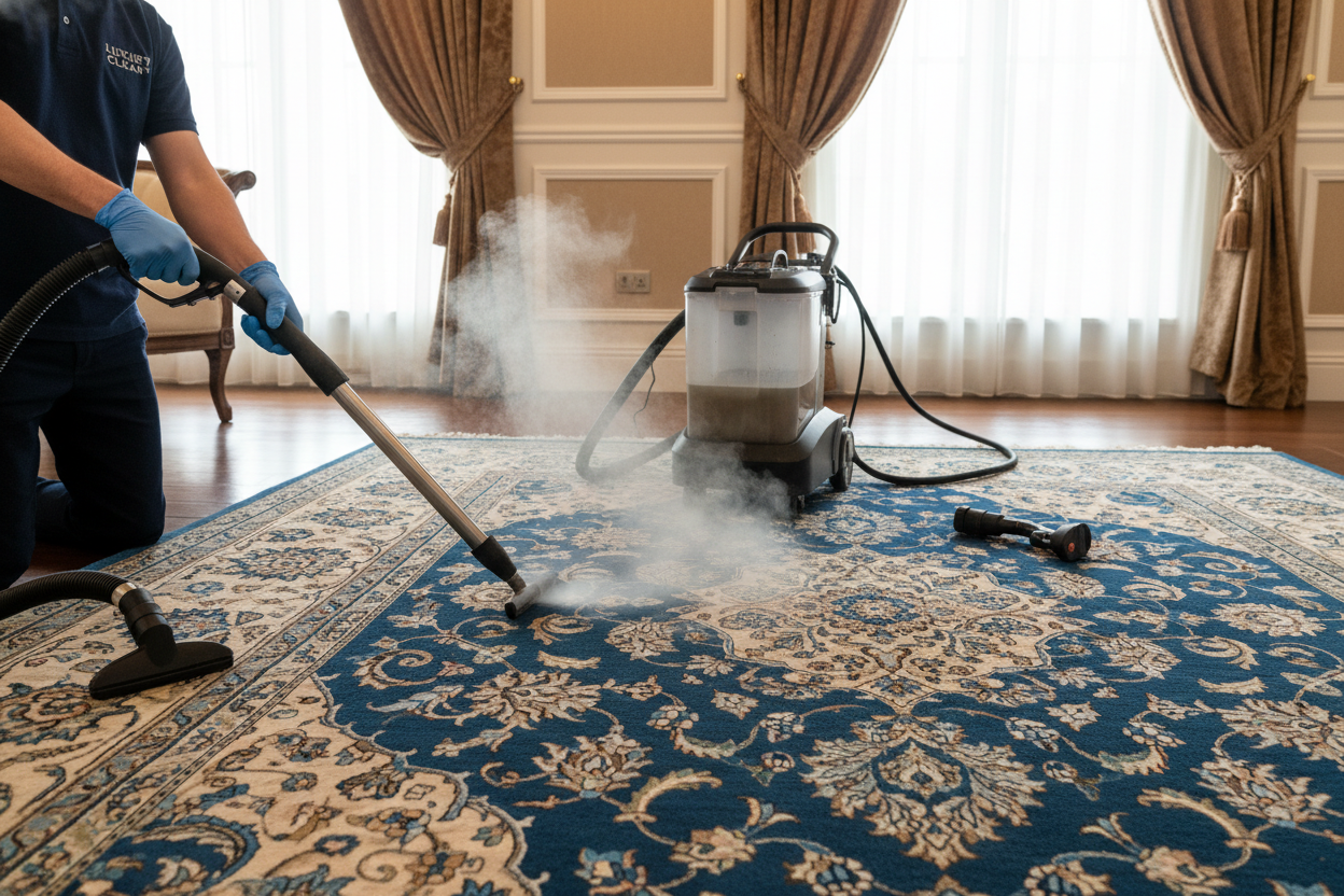 Pulizia e Sanificazione TAPPETI a Vapore vorrei una foto che illustra un TAPPETO PERSIANO  blu petrolio E BEIJE  il resto della stanza beije o marrone come tappeto - tenda ecc senza illustare persone  AL MASSIMO MANI O DI SPALLE ma che si vedino gli strumenti a vapore E MODERNO ED ELEGANTE