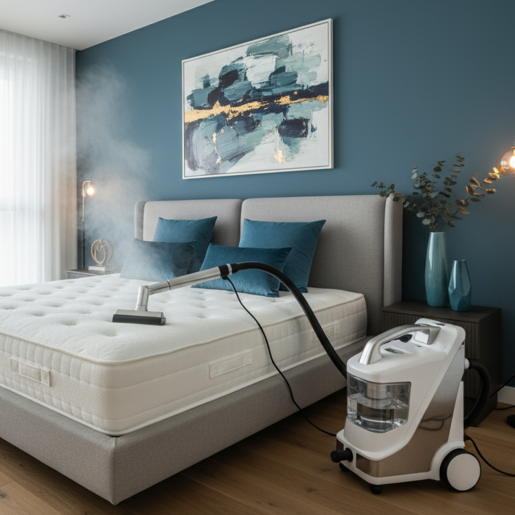 sanificazione  avapore materasso vorrei un immagine moderna ed elegante con il materasso bianco, lo strumento a vapore che si veda e il resto della stanza con qualche dettalio blu petrolio