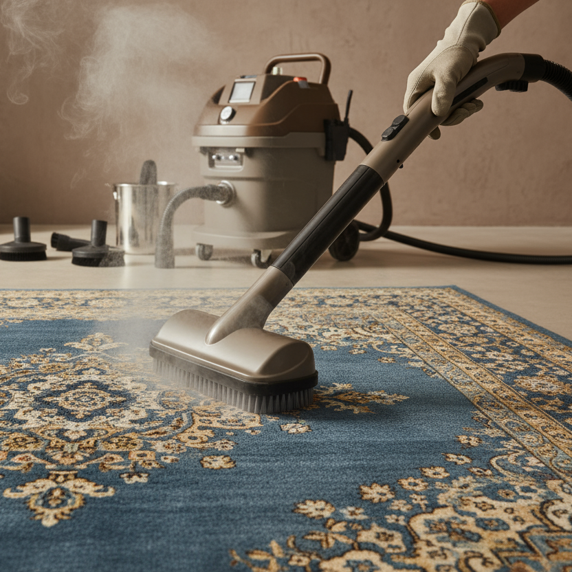 vorrei un immagine per il mio nuovo sito che fa capire che il mio servizio consiste nella pulizia a vapore senza far vedere persone al massimo le mani o di spalle e con colori dei beije, tortora, marrone e qualche dettaglio blu petrolio, moderno, senza ritrarre persone ma con qualche strumento di lavoro, un tappeto persiano sul blu petrolio 