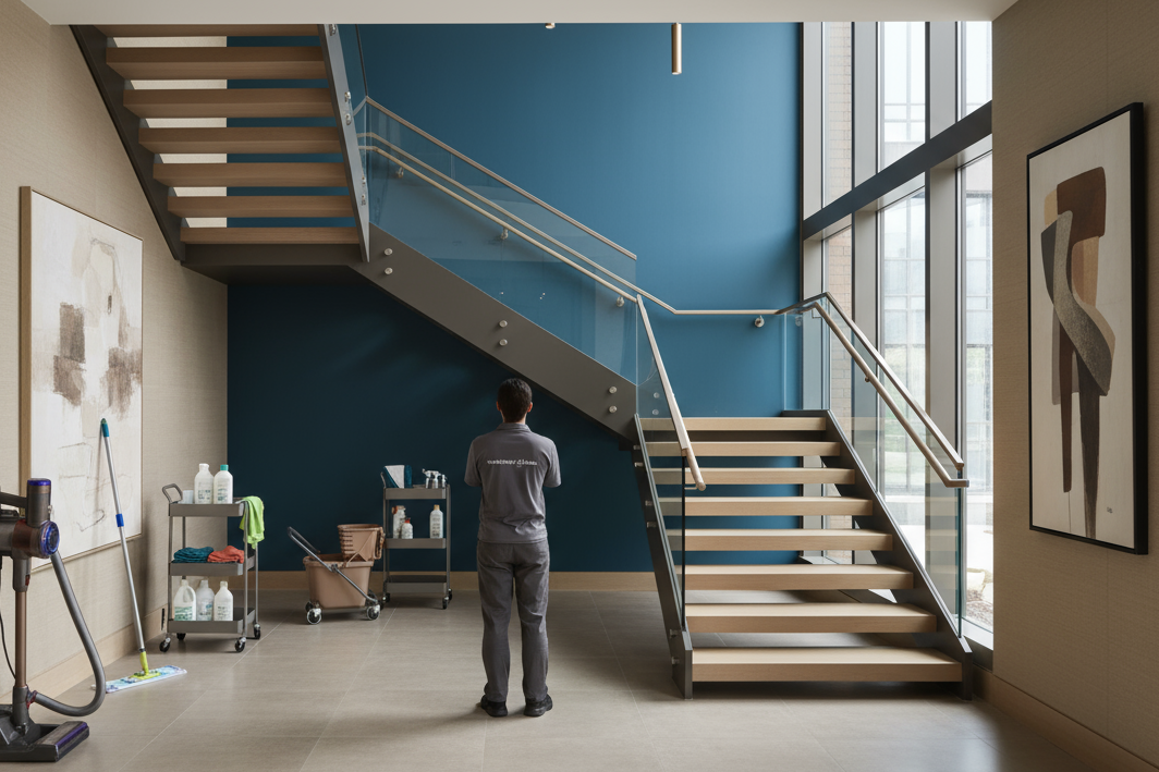 vorrei un immagine per il mio nuovo sito che fa capire che il mio servizio consiste nella pulizia di condomini senza far vedere persone e con colori dei beije, tortora, marrone e blu petrolio, moderno, senza ritrarre persone al massimo di spalle, con qualche strumento di lavoro, vorrei ci fossero presenti delle scale come se fosse lentrata di una casa e preferirei la parete del muro blu petrolio